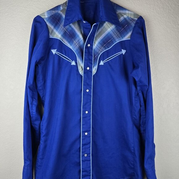 VINTAGE Western Cowboy Shirt Royal Blue Plaid Yoke Pearl Snap Retro Rockabilly - Picture 1 of 7